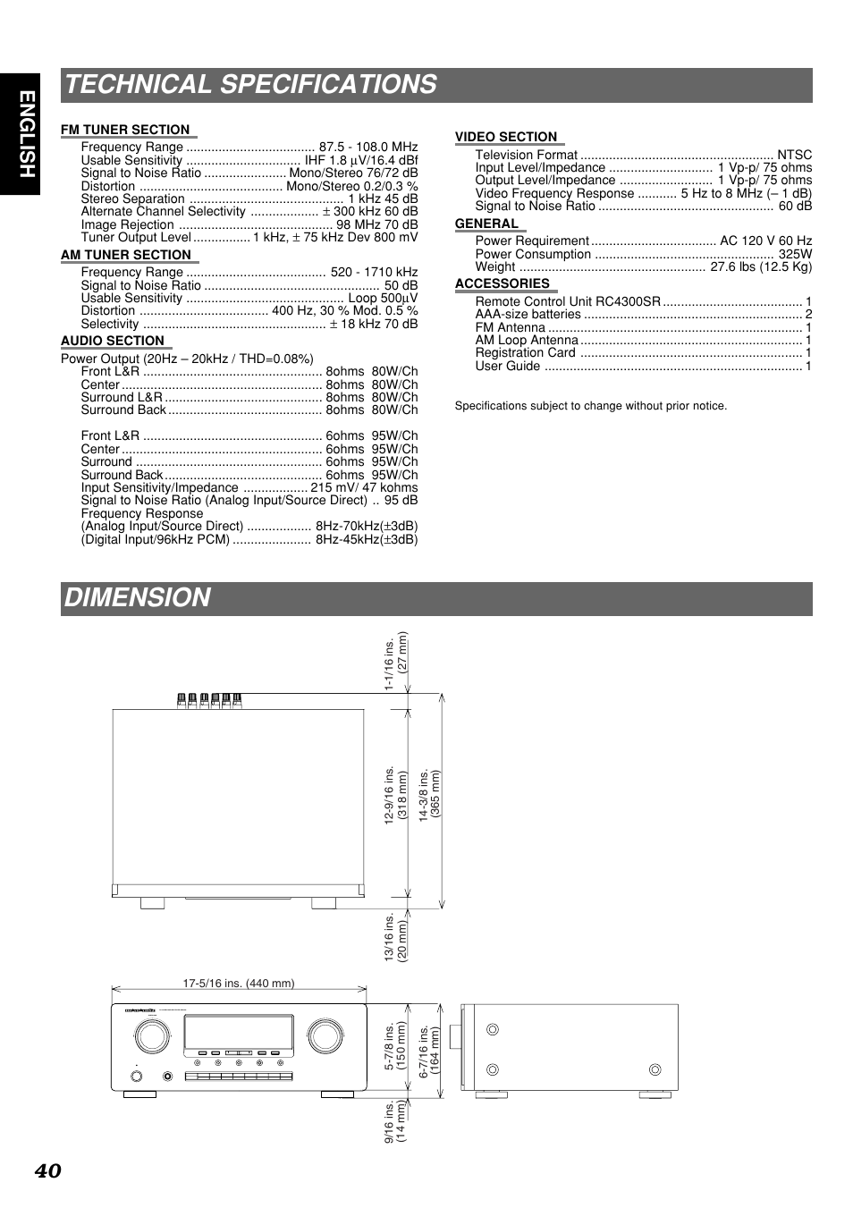 Technical specifications, Dimension, 40 english | Marantz SR4300 User Manual | Page 44 / 44