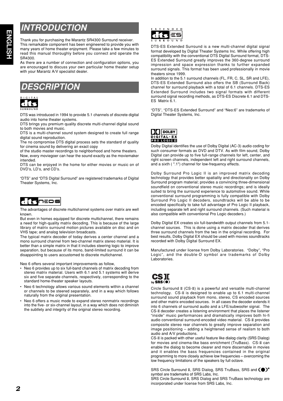 Introduction, Description, 2english | Marantz SR4300 User Manual | Page 6 / 44