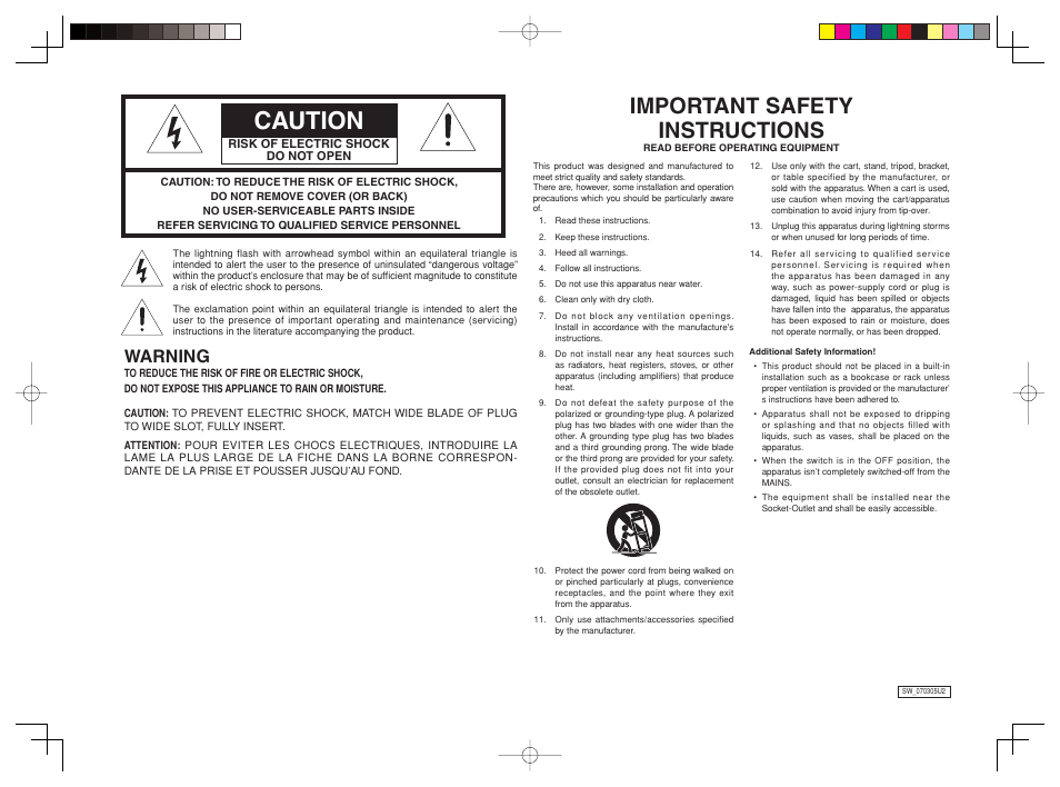 Caution, Important safety instructions, Warning | Marantz SW7001 User Manual | Page 2 / 7