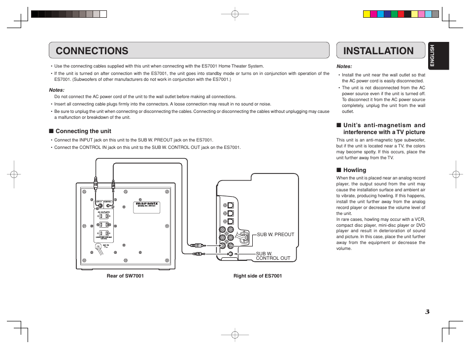 Connections, Installation | Marantz SW7001 User Manual | Page 5 / 7