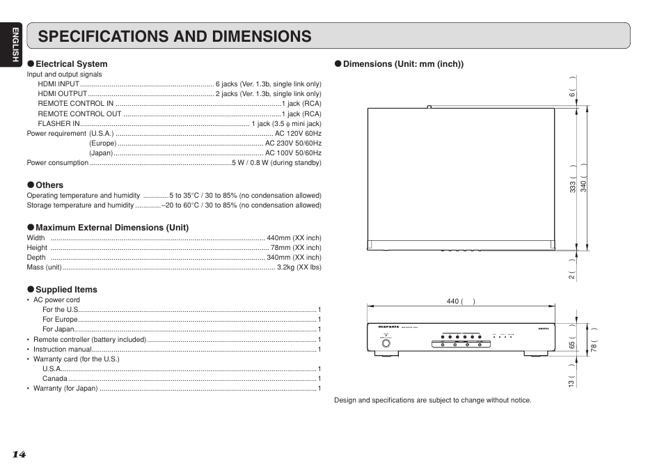 Specifications and dimensions | Marantz VS3002 User Manual | Page 19 / 21