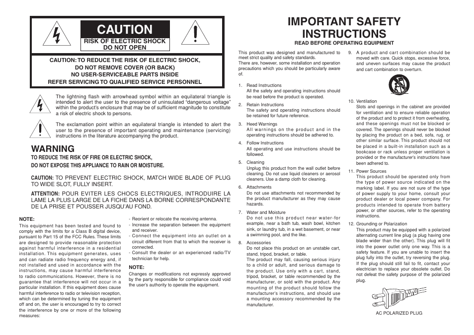 Caution, Important safety instructions, Warning | Marantz VS3002 User Manual | Page 2 / 21