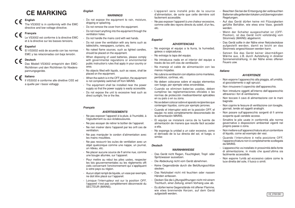 Ce marking | Marantz VS3002 User Manual | Page 5 / 21