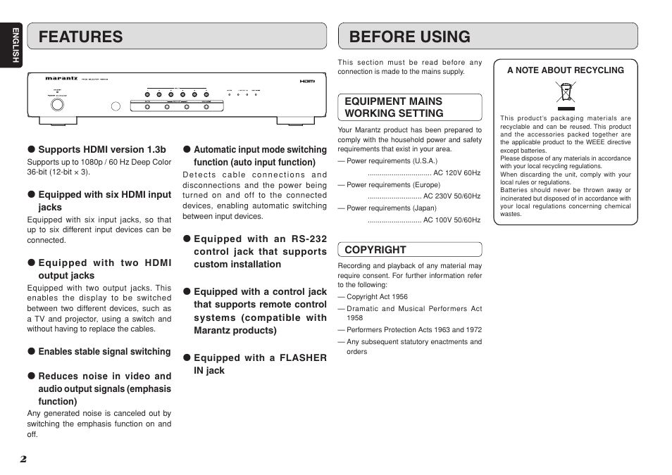 Before using, Features | Marantz VS3002 User Manual | Page 7 / 21