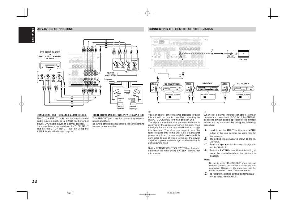Sr in rc-5 sw r r sr l sl pre out sbl sbr, Out rc, Cdss/vcr2 dvd | Am gnd, Monitor, Out tv vcr1 monitor, Out in c dvd tv out multi rc-5 in out | Marantz SR5600 User Manual | Page 18 / 42