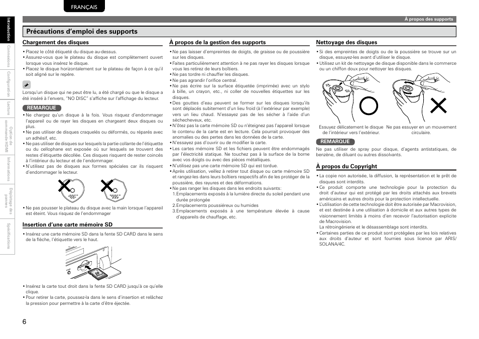 Précautions d’emploi des supports | Marantz 541110297226M User Manual | Page 10 / 72