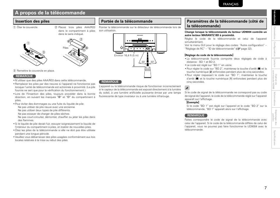 A propos de la télécommande, Insertion des piles, Portée de la télécommande | Marantz 541110297226M User Manual | Page 11 / 72