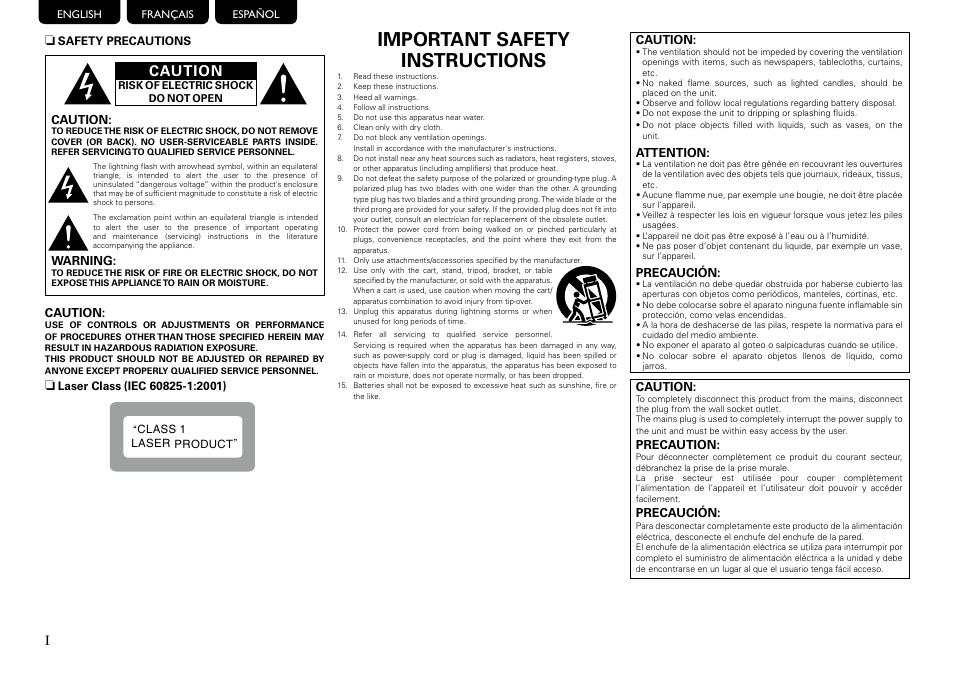 Important safety instructions, Caution | Marantz 541110297226M User Manual | Page 2 / 72