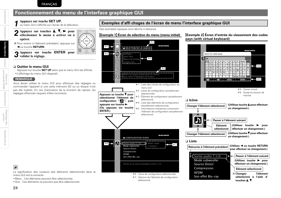 Français, N quitter le menu gui, Appuyez sur touche set up | Appuyez sur touche enter pour valider le réglage | Marantz 541110297226M User Manual | Page 28 / 72