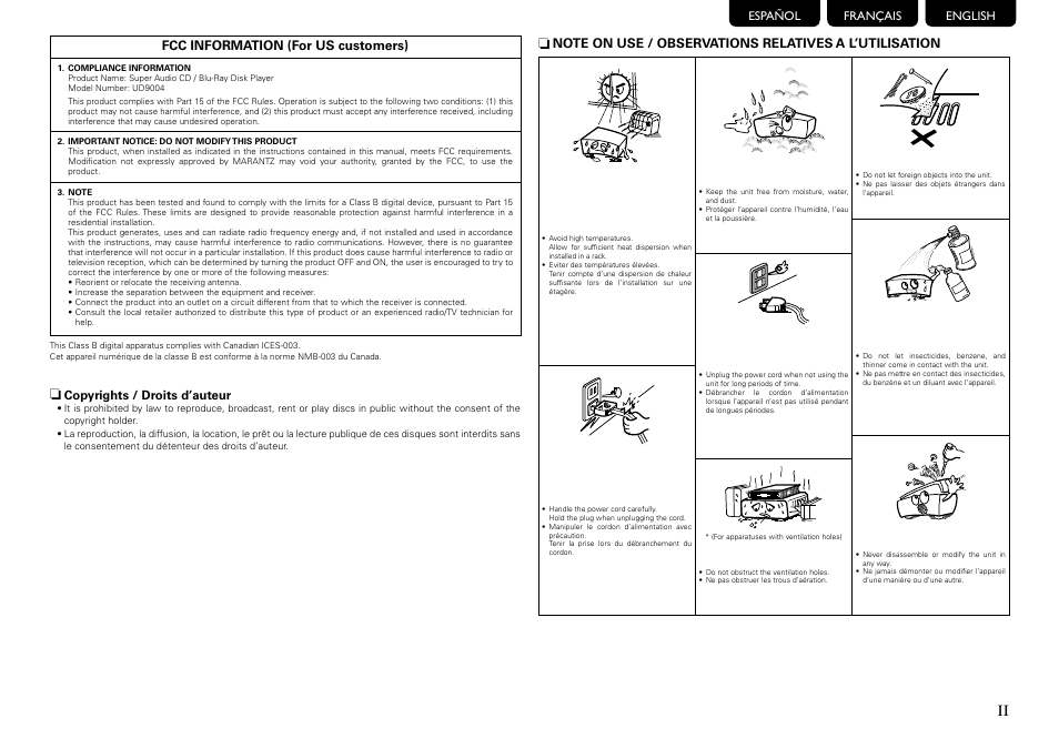 English français español, Copyrights / droits d’auteur | Marantz 541110297226M User Manual | Page 3 / 72