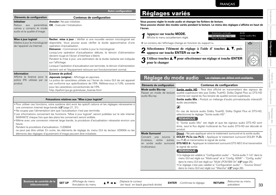 Réglages variés, Réglage du mode audio | Marantz 541110297226M User Manual | Page 37 / 72