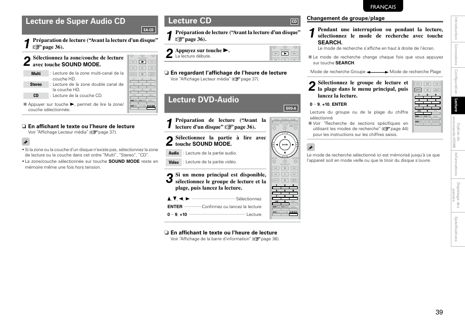 Lecture de super audio cd, Lecture cd, Lecture dvd-audio | Marantz 541110297226M User Manual | Page 43 / 72