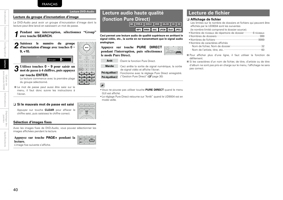 Lecture de fichier, Lecture audio haute qualité (fonction pure direct) | Marantz 541110297226M User Manual | Page 44 / 72