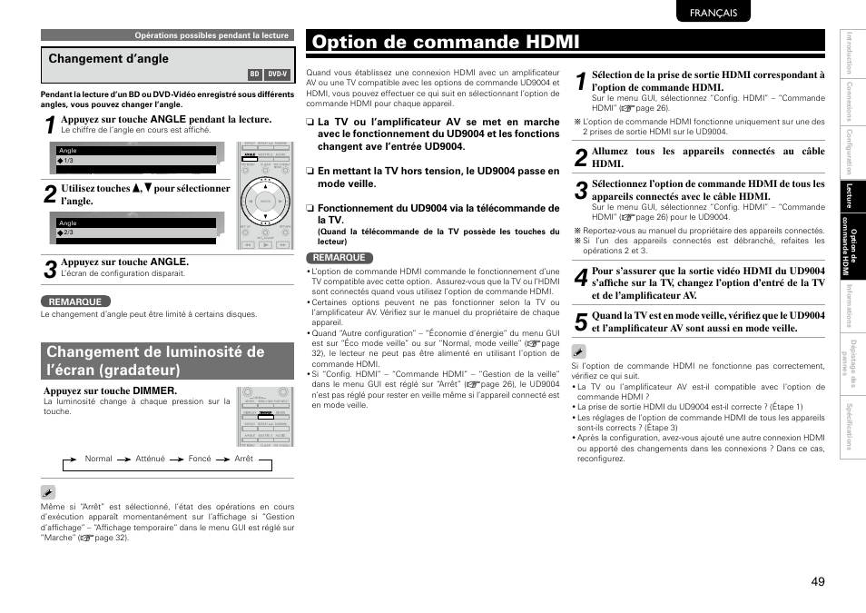 Option de commande hdmi, Changement de luminosité de l’écran (gradateur) | Marantz 541110297226M User Manual | Page 53 / 72