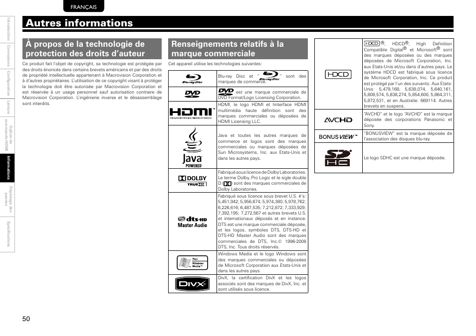 Autres informations | Marantz 541110297226M User Manual | Page 54 / 72