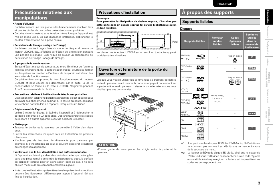 Précautions relatives aux manipulations, À propos des supports, Précautions d’installation | Supports lisibles | Marantz 541110297226M User Manual | Page 7 / 72