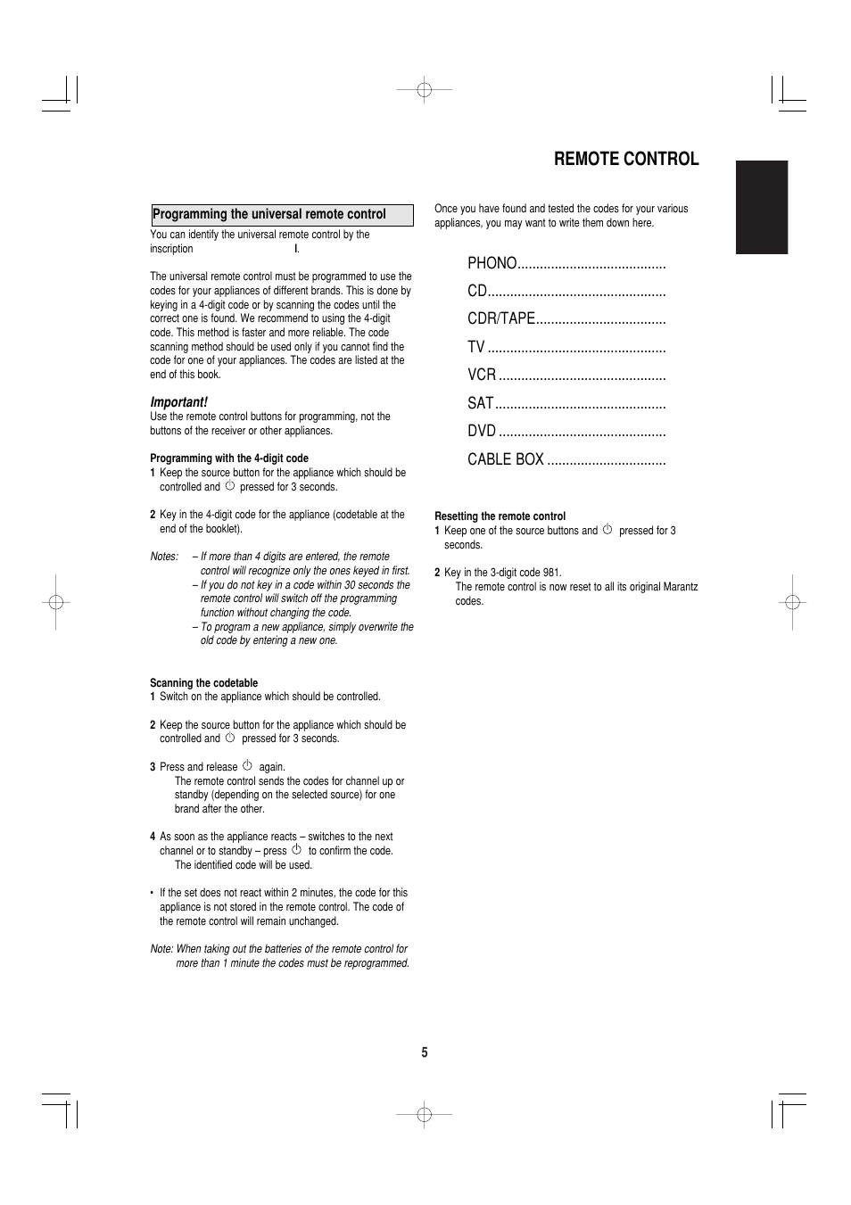Remote control, English | Marantz SR4000 User Manual | Page 10 / 30