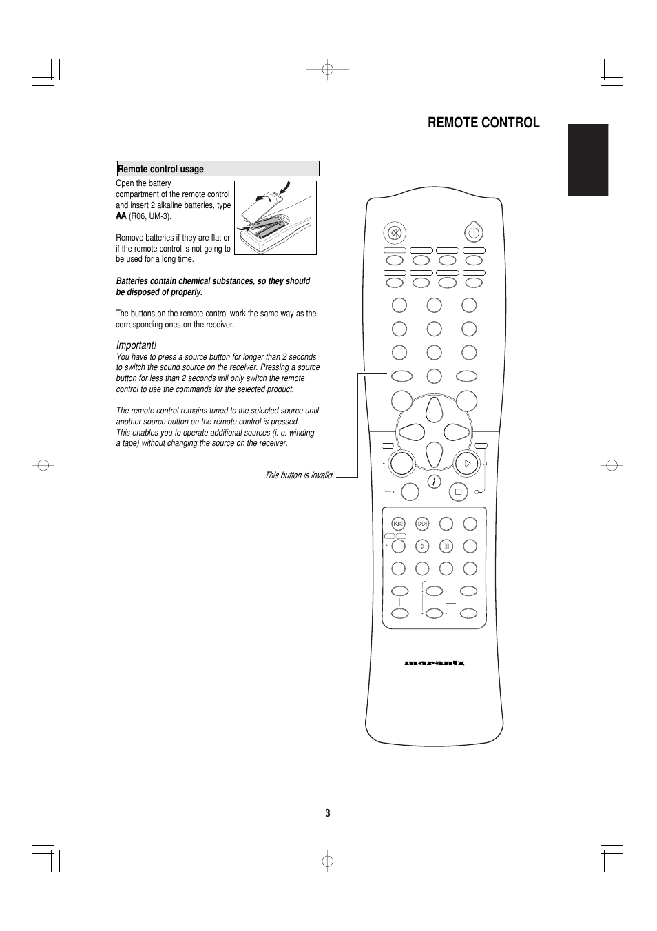 Remote control, English, Important | Remote control usage | Marantz SR4000 User Manual | Page 8 / 30