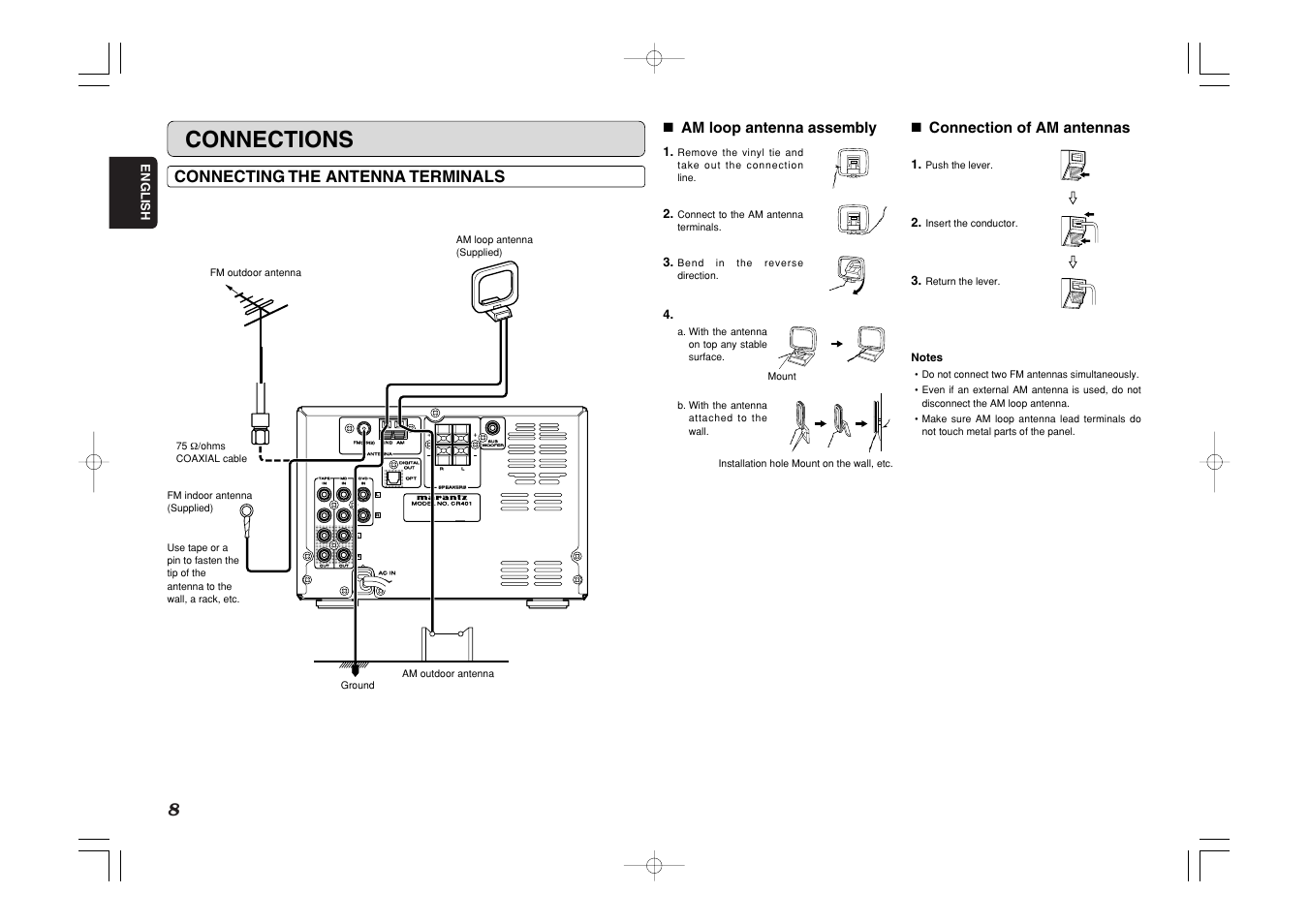 Connections, Connecting the antenna terminals, 7 am loop antenna assembly | 7 connection of am antennas, English | Marantz CR401 User Manual | Page 12 / 29