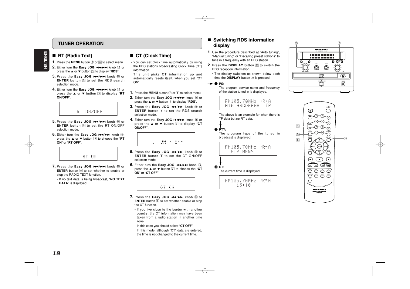 Standby, 7 rt (radio text), 7 ct (clock time) | 7 switching rds information display, Tuner operation | Marantz CR401 User Manual | Page 22 / 29