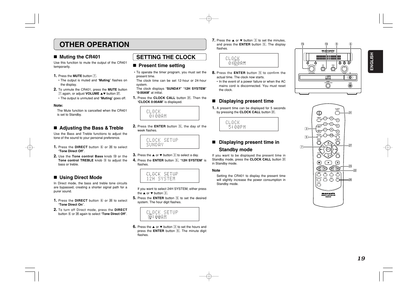 Other operation, Standby, Setting the clock | 7 muting the cr401, 7 adjusting the bass & treble, 7 using direct mode, 7 present time setting, 7 displaying present time, 7 displaying present time in standby mode | Marantz CR401 User Manual | Page 23 / 29