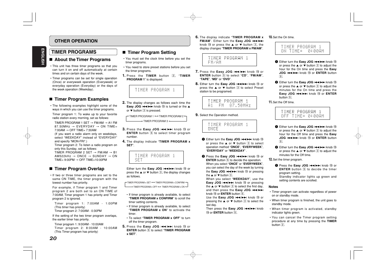 Timer programs, Other operation, 7 about the timer programs | 7 timer program examples, 7 timer program overlap, 7 timer program setting | Marantz CR401 User Manual | Page 24 / 29