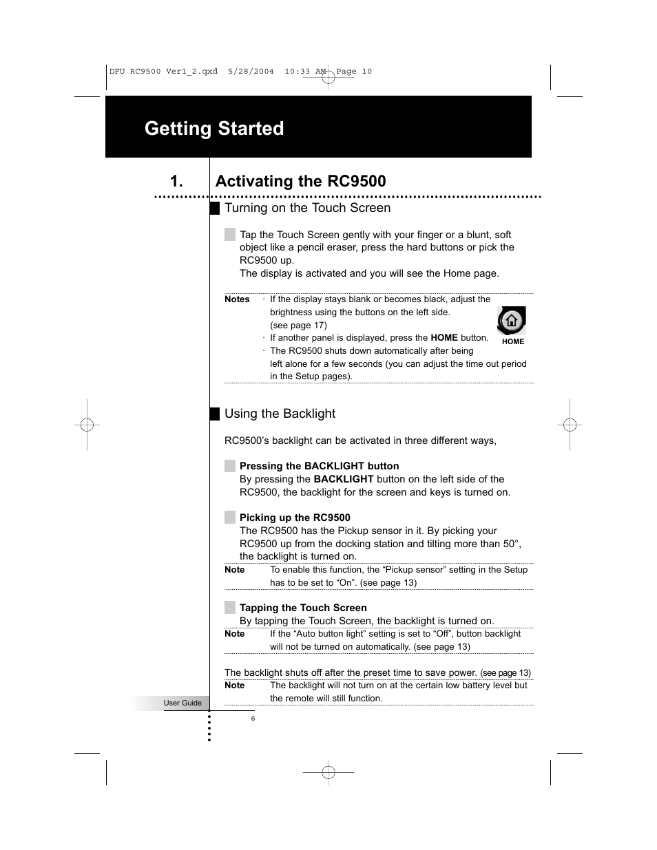 Getting started, Activating the rc9500, Turning on the touch screen | Using the backlight | Marantz RC9500 User Manual | Page 10 / 78
