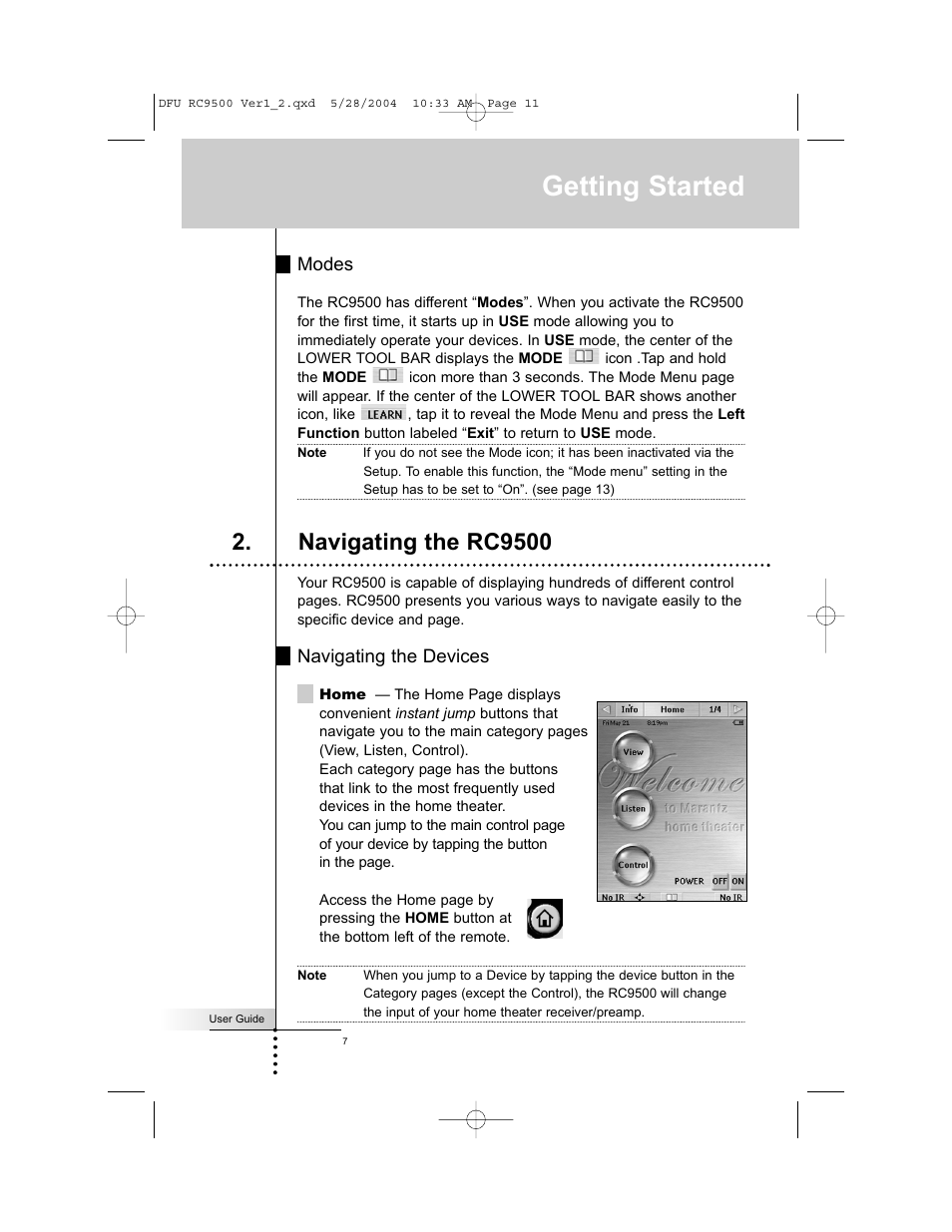 Getting started, Navigating the rc9500 | Marantz RC9500 User Manual | Page 11 / 78