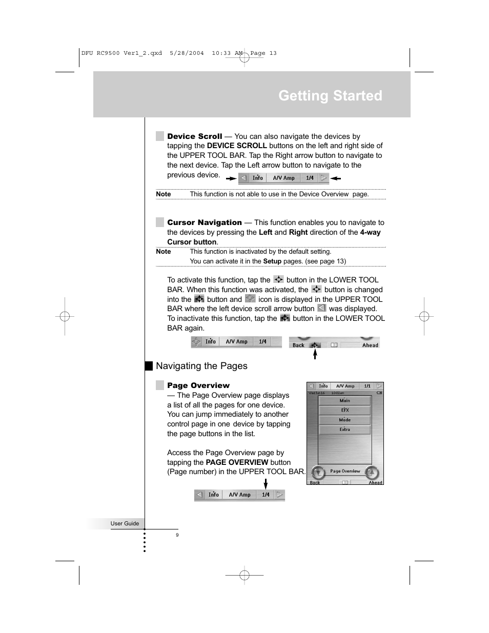 Getting started, Navigating the pages | Marantz RC9500 User Manual | Page 13 / 78