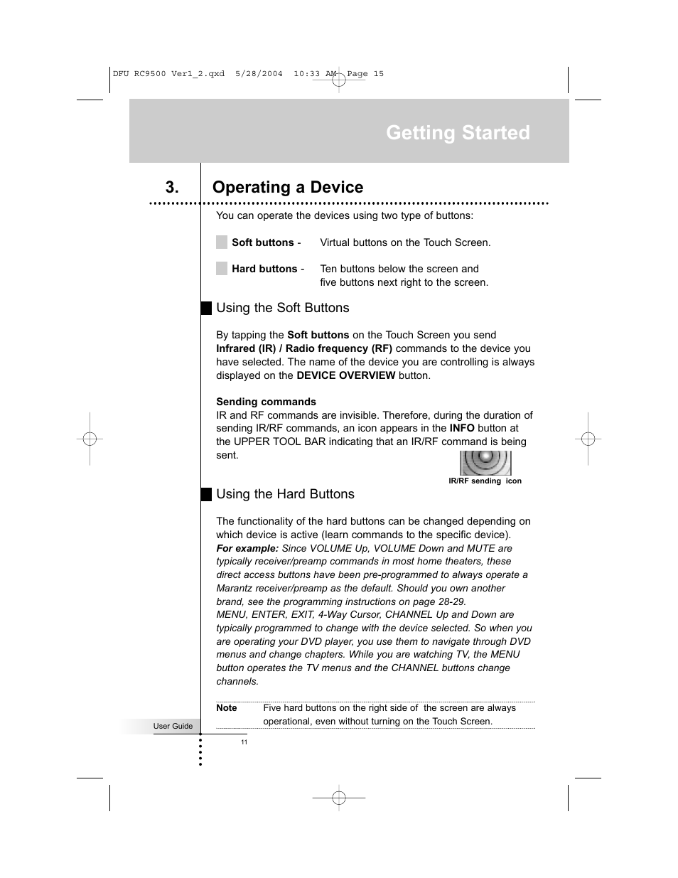 Getting started, Operating a device | Marantz RC9500 User Manual | Page 15 / 78