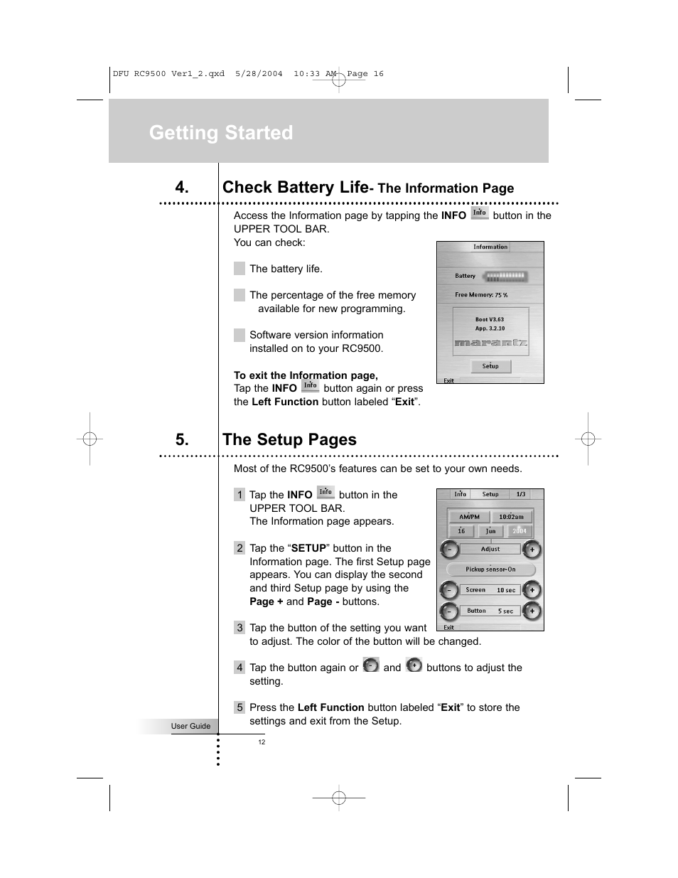 Getting started, Check battery life, The setup pages | Marantz RC9500 User Manual | Page 16 / 78