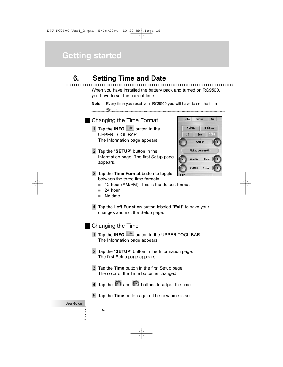 Getting started, Setting time and date, Changing the time format | Changing the time | Marantz RC9500 User Manual | Page 18 / 78