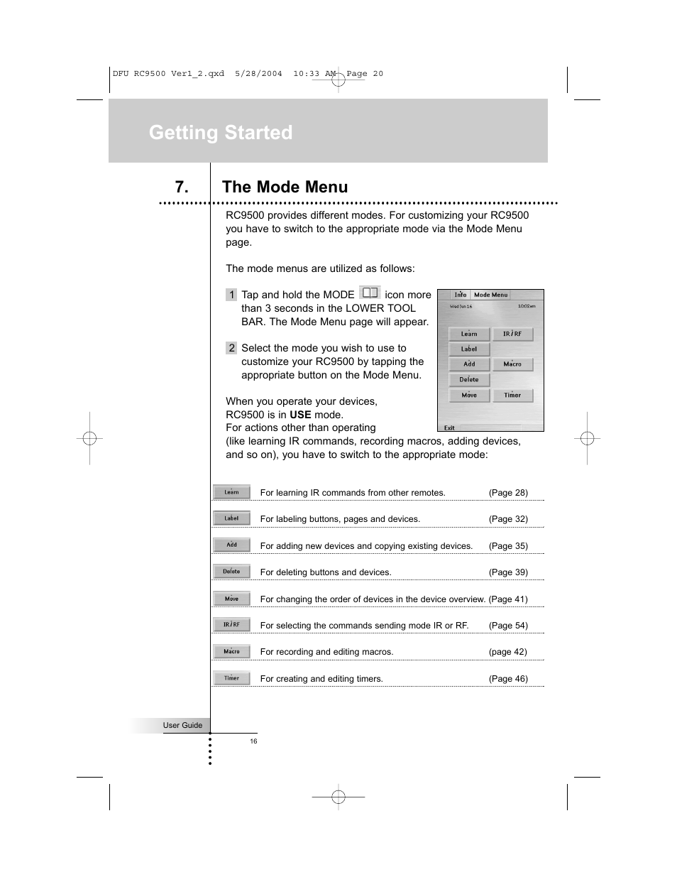 Getting started, The mode menu | Marantz RC9500 User Manual | Page 20 / 78