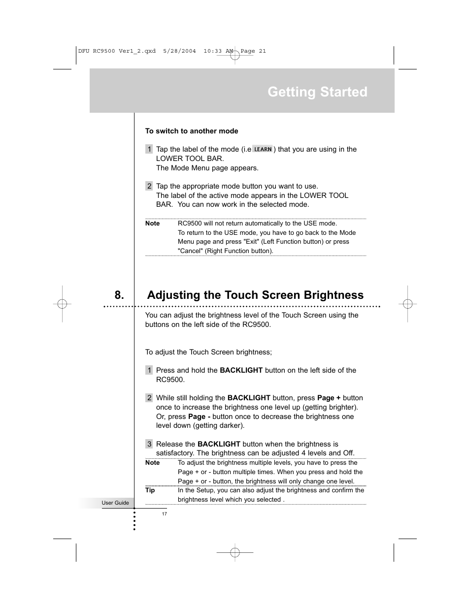 Getting started, Adjusting the touch screen brightness | Marantz RC9500 User Manual | Page 21 / 78