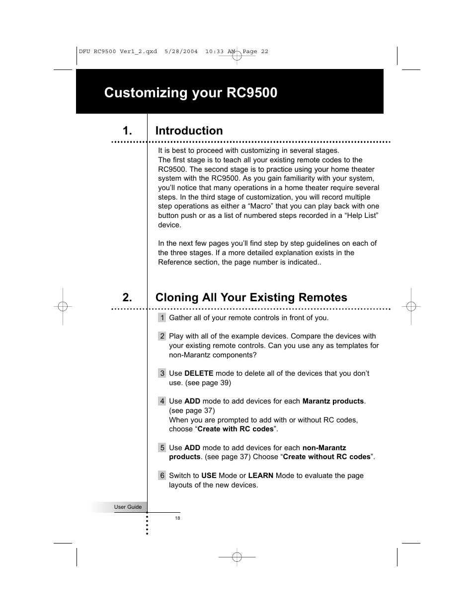 Customizing your rc9500, Introduction 2. cloning all your existing remotes | Marantz RC9500 User Manual | Page 22 / 78