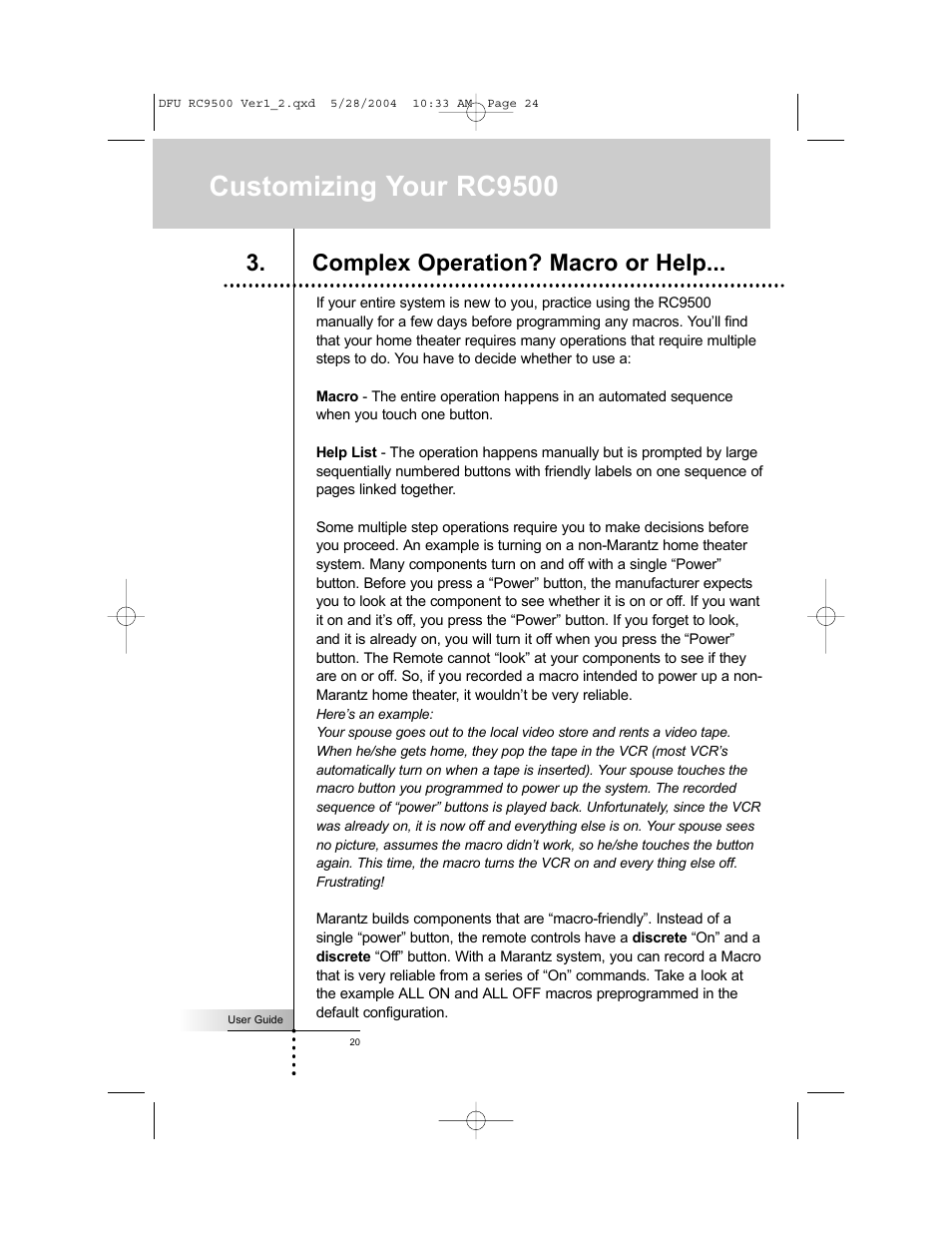 Customizing your rc9500, Complex operation? macro or help | Marantz RC9500 User Manual | Page 24 / 78
