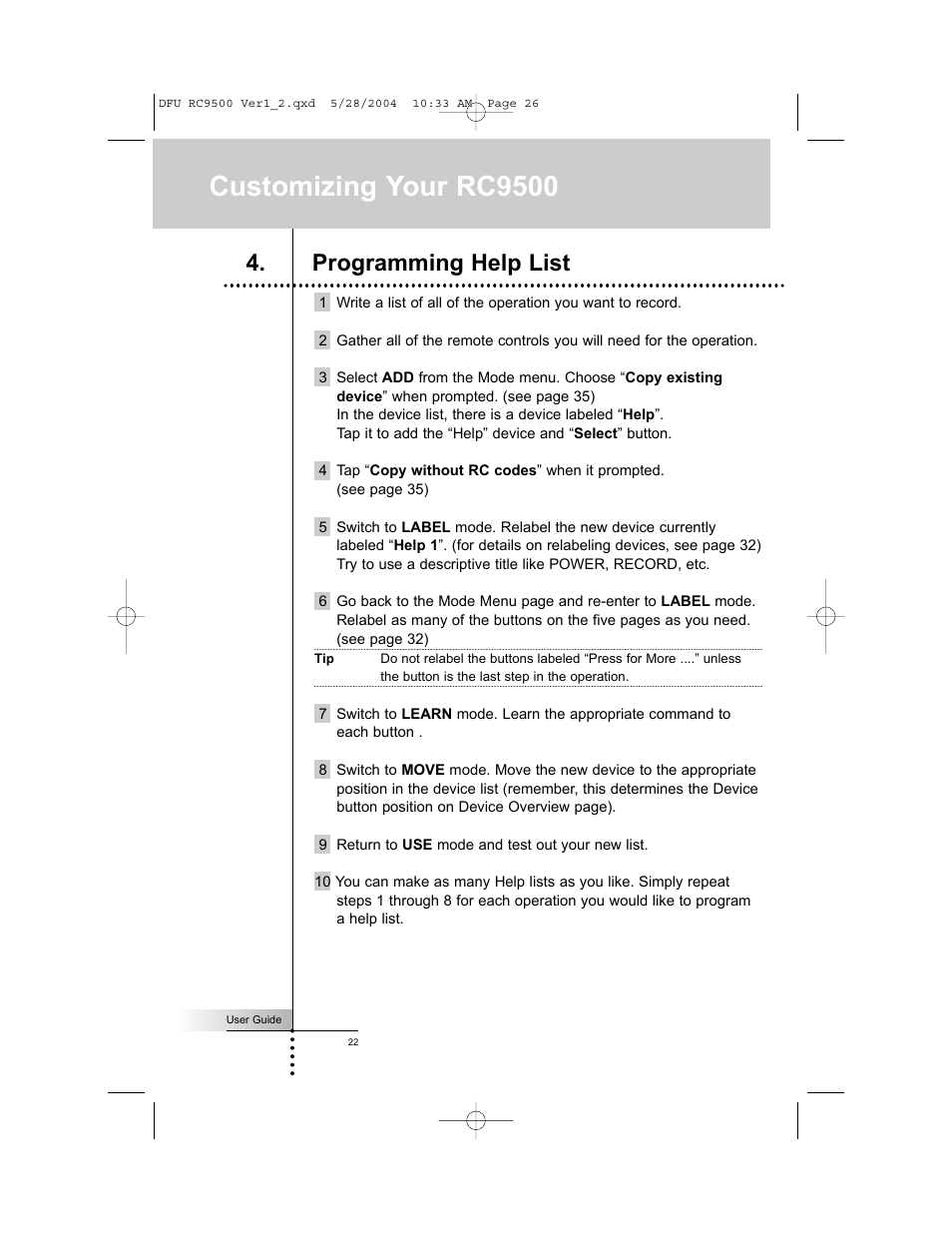 Customizing your rc9500, Programming help list | Marantz RC9500 User Manual | Page 26 / 78