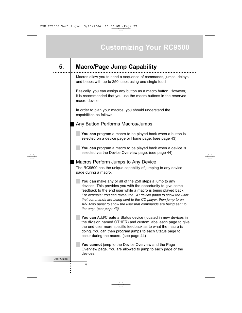 Customizing your rc9500, Macro/page jump capability | Marantz RC9500 User Manual | Page 27 / 78