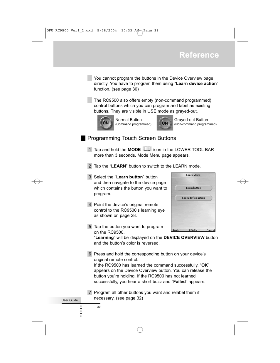 Reference, Programming touch screen buttons | Marantz RC9500 User Manual | Page 33 / 78