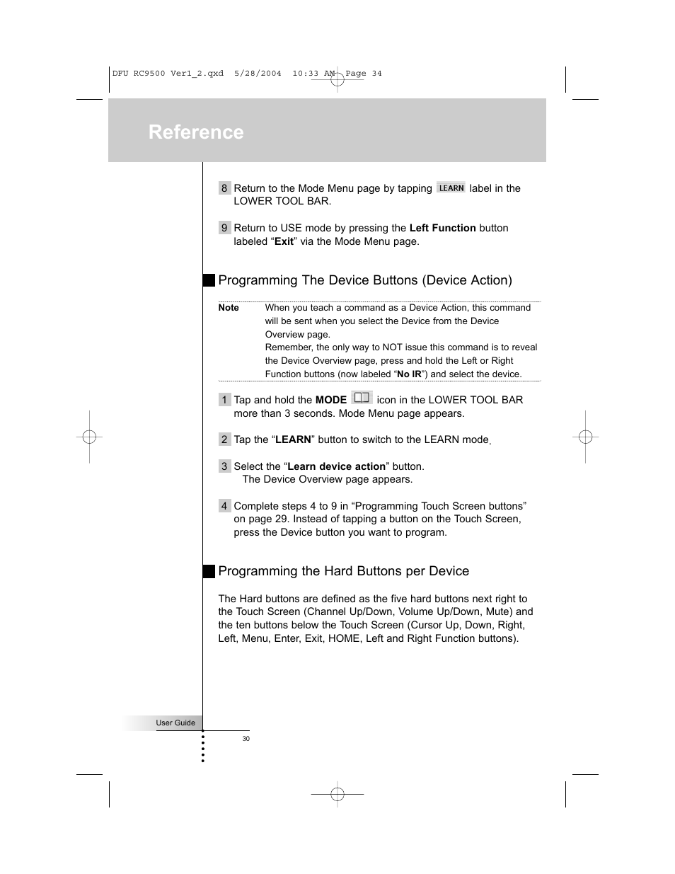 Reference, Programming the device buttons (device action), Programming the hard buttons per device | Marantz RC9500 User Manual | Page 34 / 78
