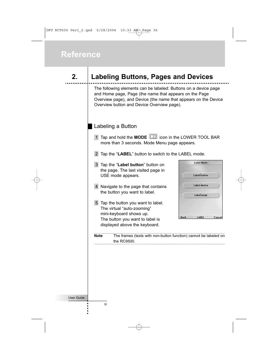 Reference, Labeling buttons, pages and devices | Marantz RC9500 User Manual | Page 36 / 78