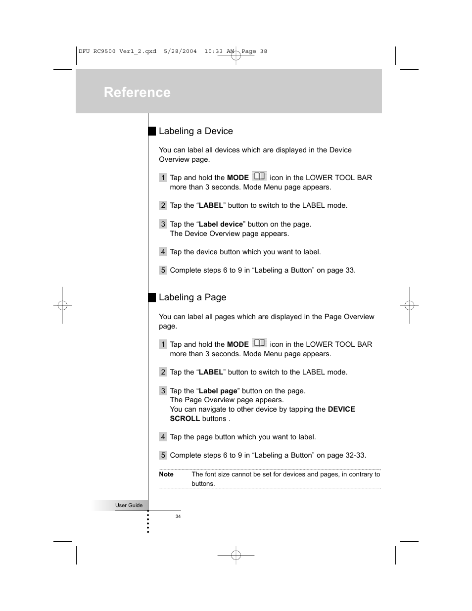 Reference, Labeling a device, Labeling a page | Marantz RC9500 User Manual | Page 38 / 78