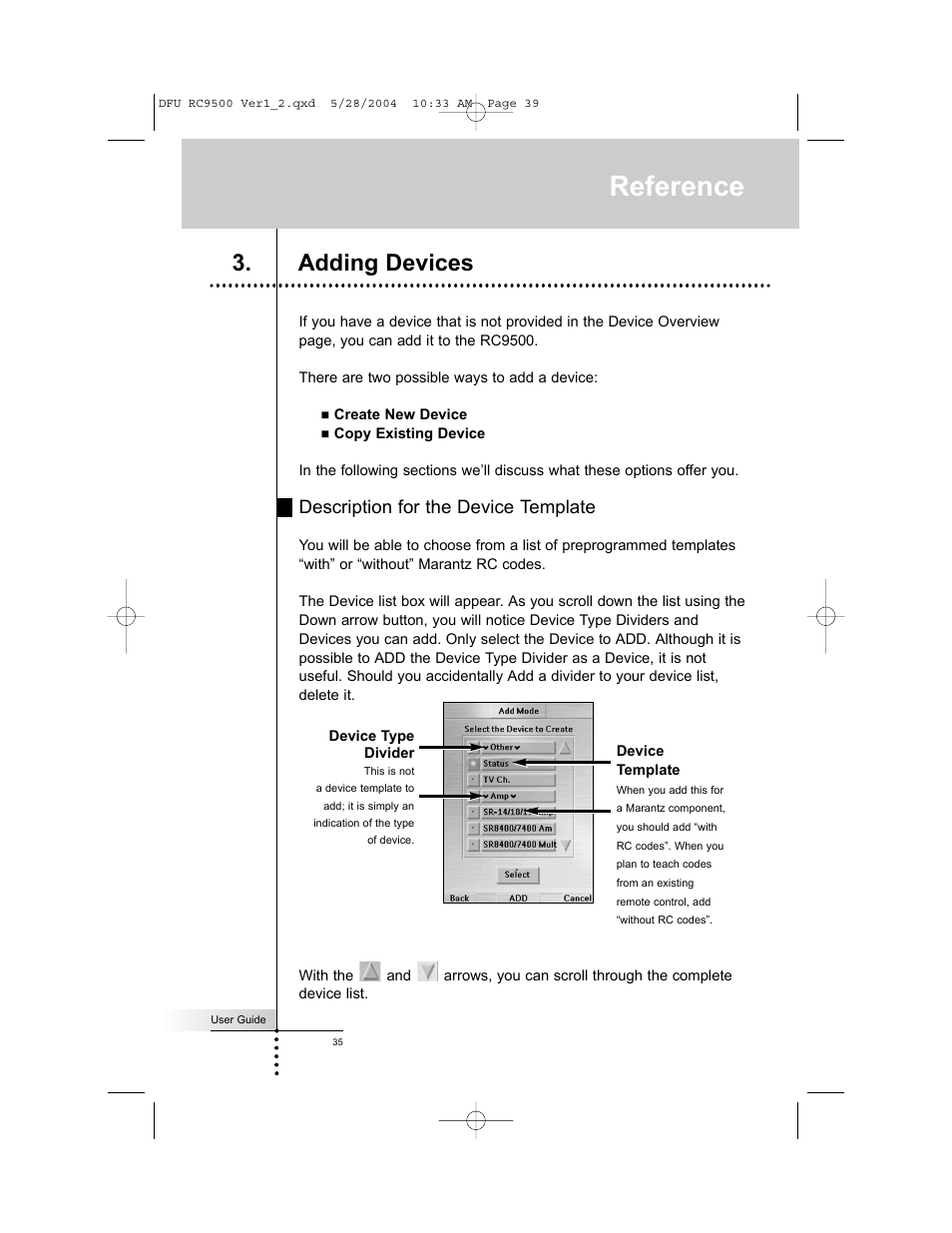 Reference, Adding devices, Description for the device template | Marantz RC9500 User Manual | Page 39 / 78