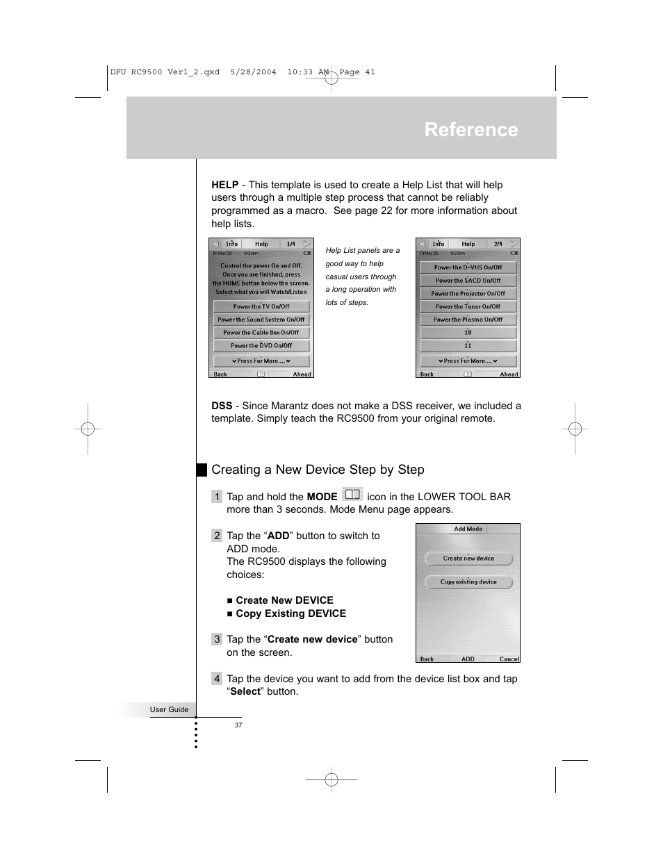 Reference, Creating a new device step by step | Marantz RC9500 User Manual | Page 41 / 78