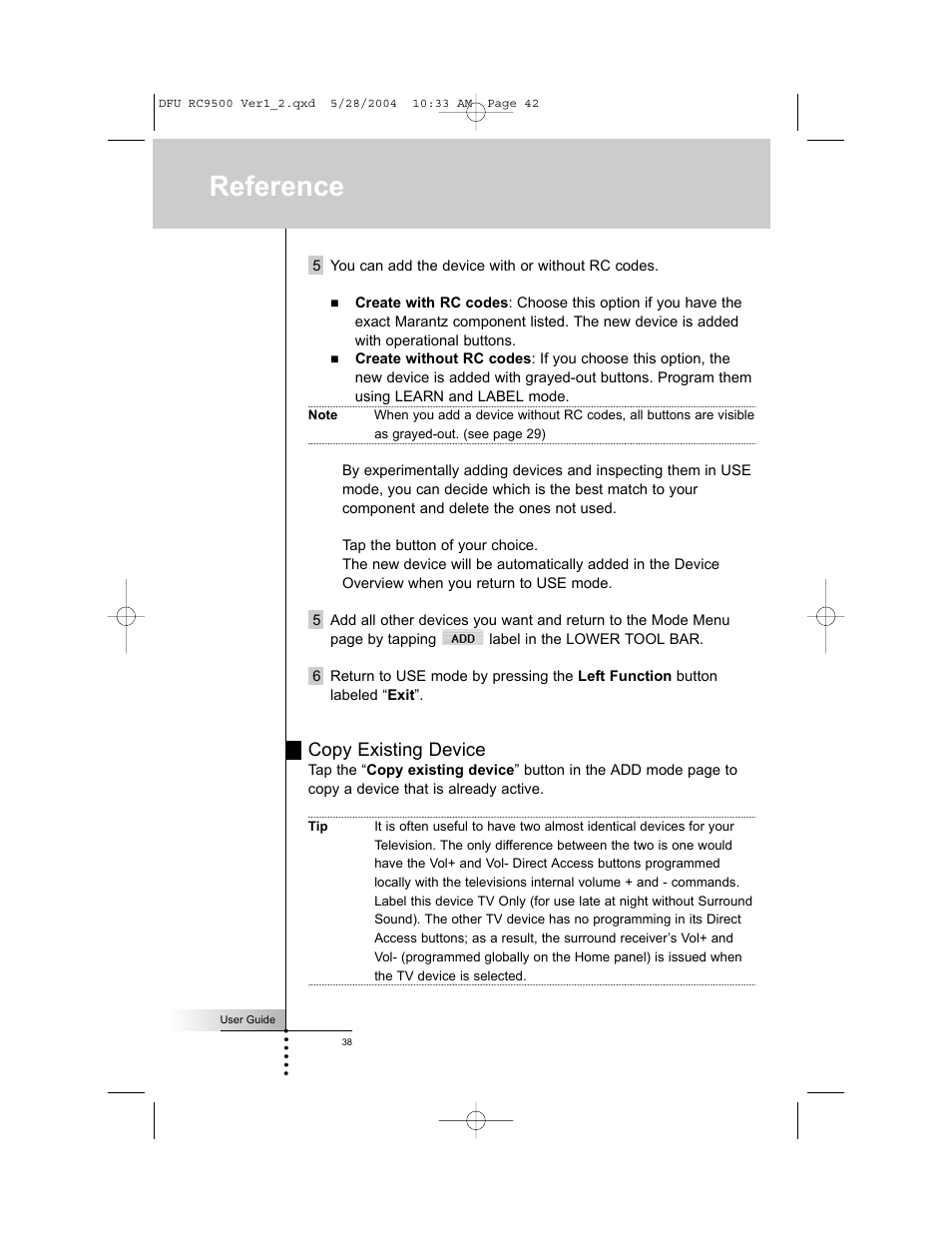 Reference, Copy existing device | Marantz RC9500 User Manual | Page 42 / 78