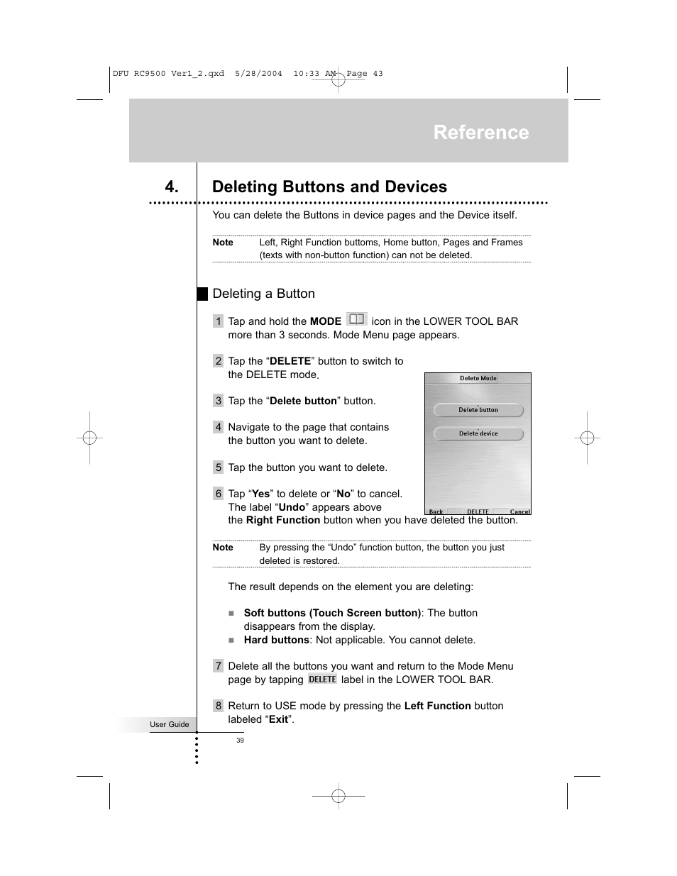 Reference, Deleting buttons and devices, Deleting a button | Marantz RC9500 User Manual | Page 43 / 78