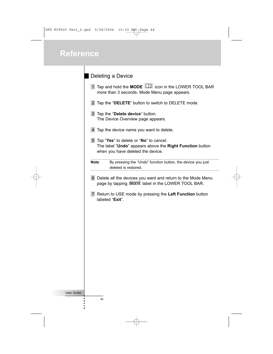 Reference, Deleting a device | Marantz RC9500 User Manual | Page 44 / 78