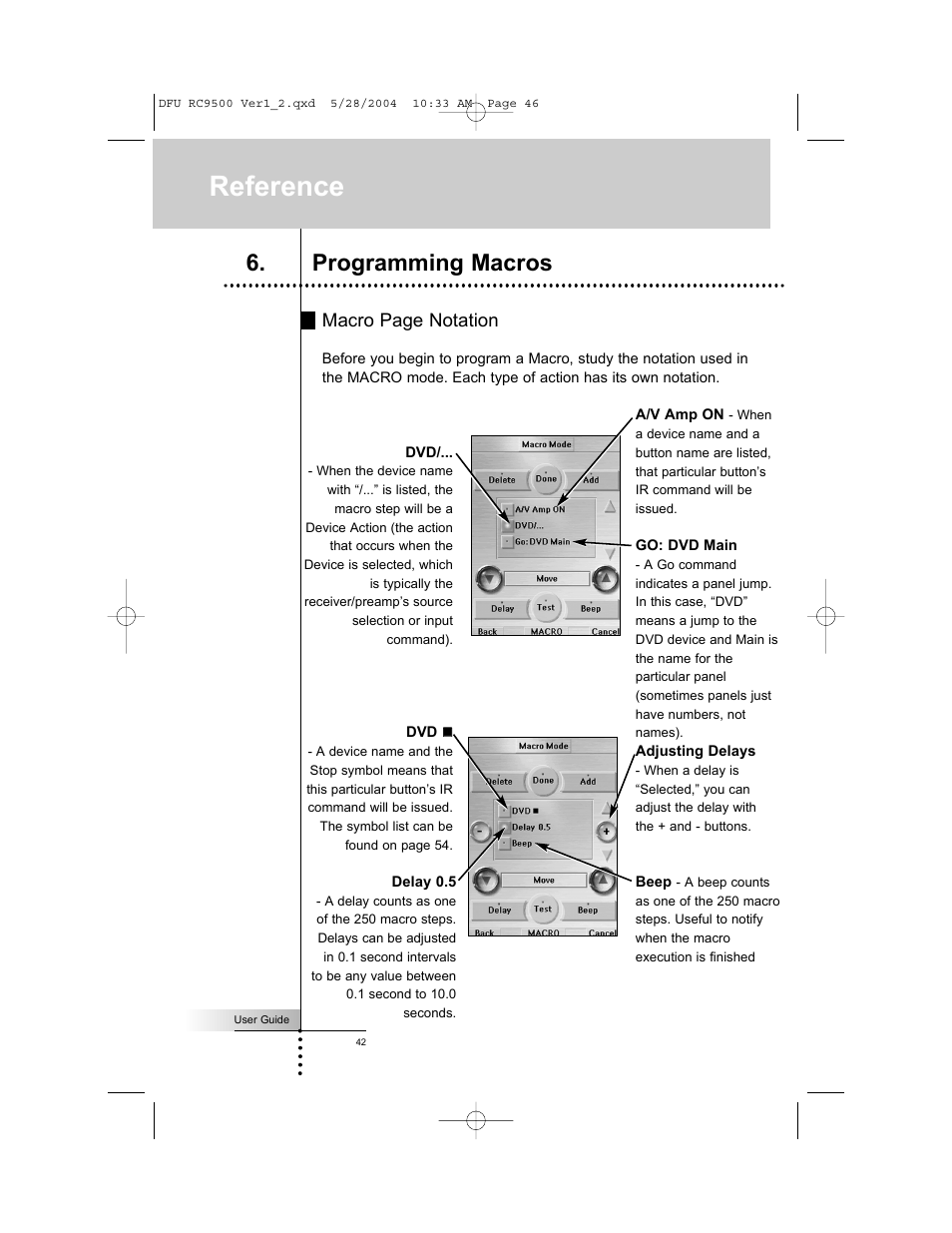 Reference, Programming macros, Macro page notation | Marantz RC9500 User Manual | Page 46 / 78