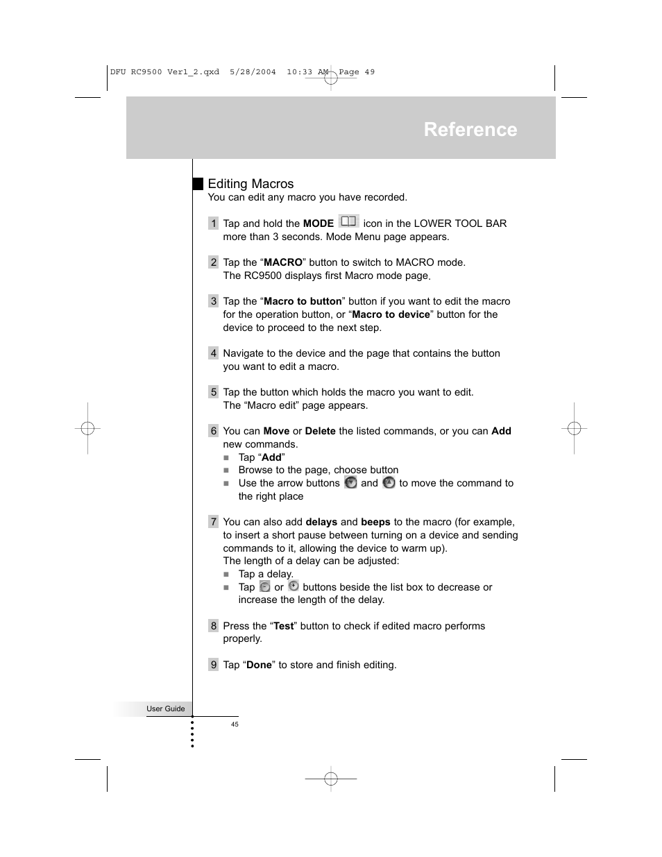 Reference, Editing macros | Marantz RC9500 User Manual | Page 49 / 78