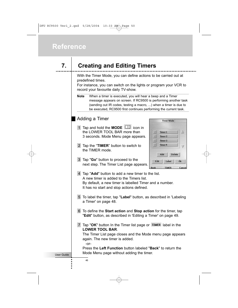 Reference, Creating and editing timers | Marantz RC9500 User Manual | Page 50 / 78